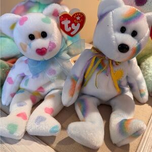 Ty Colorful Lot of 2 - Kissme w/ Hearts & Cheery w/ Rainbows Beanie Bears, NWT
